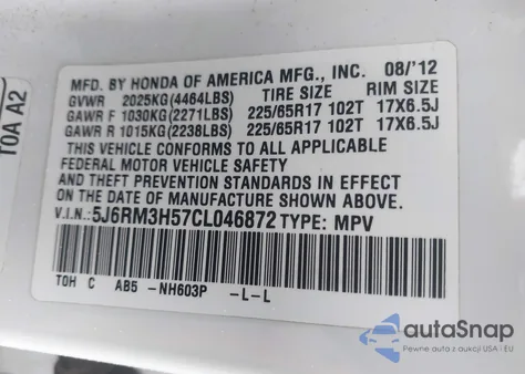 2012 Honda Cr-V Ex z USA, uszkodzony, nr VIN 5J6RM3H57CL046872